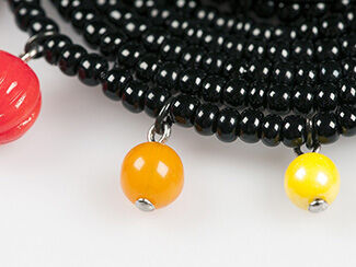 closeup of yellow and red beaded drops attached to the edge of the beaded hat
